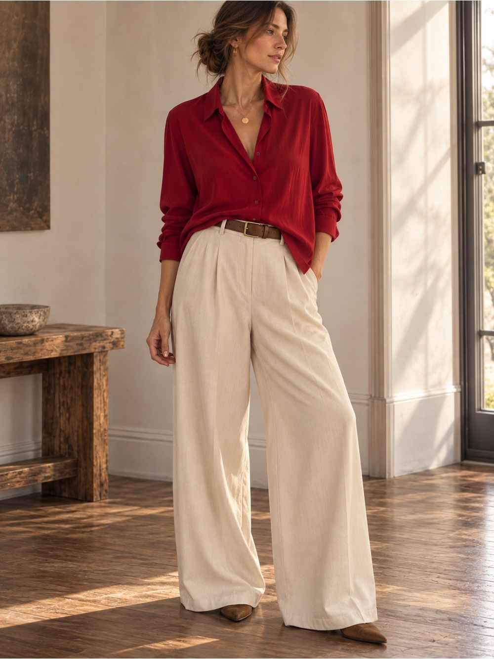JNY 100% Silk Red Button Front Blouse